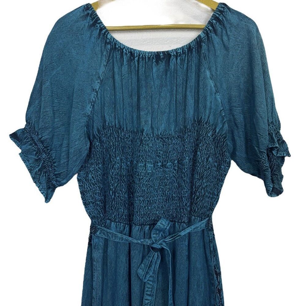 Pyramid Collection Embroidered Renaissance Maxi Dress Size L Blue Bust Tie Goth - Picture 7 of 11